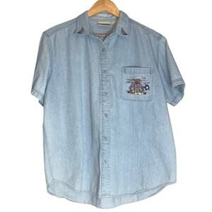 Vintage Denim Jean Button Down Blouse Large Teddy Bear Patriotic Embroidered